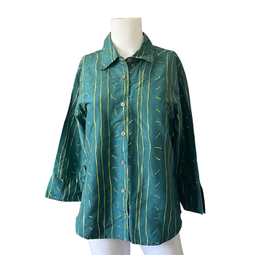 NEW Debra Deroo Teal Green Strpes Button Up Blouse Silk Womens Size Small S